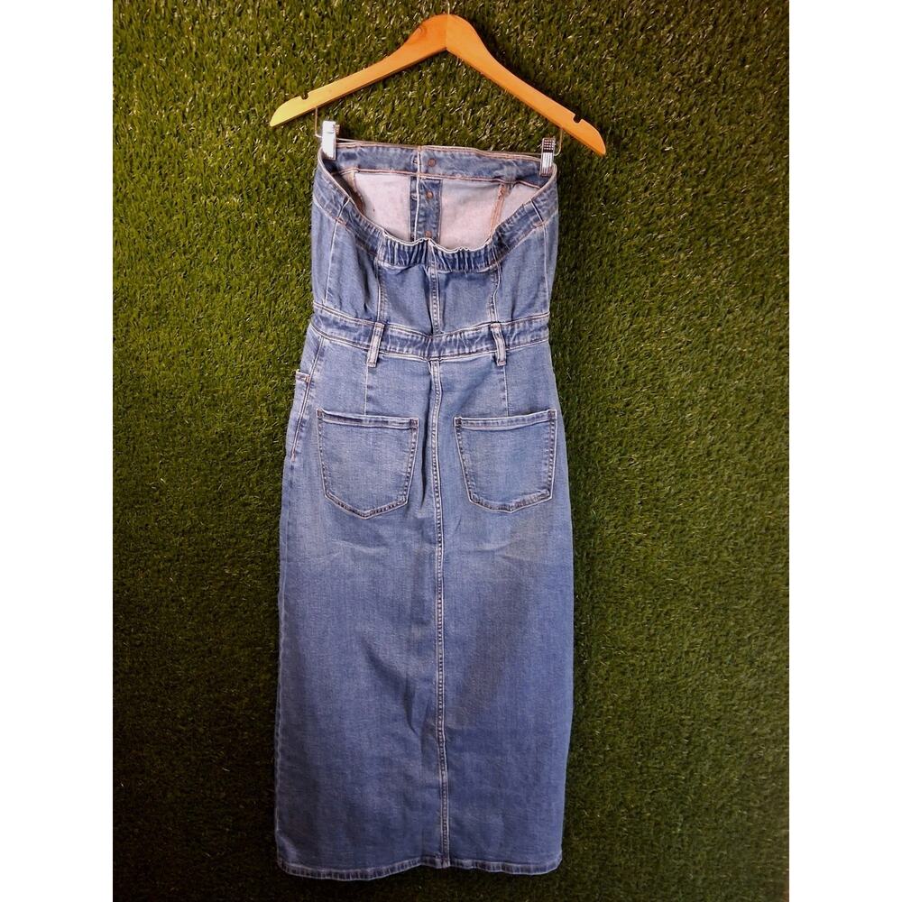 American Eagle Denim Tube Top Midi Dress Size 6 Blue Stretch Button Front Slit - Picture 4 of 11